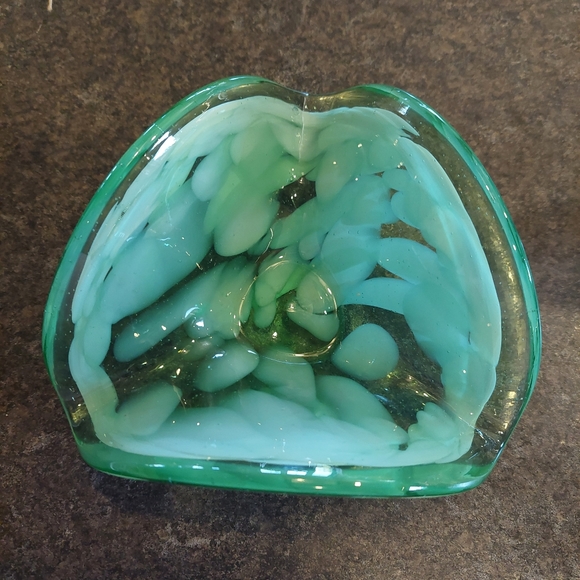 VTG MCM Hand Blown Glass Dish Vase Green White Bubbles 3 Sided Jewelry Dish Heav - Picture 7 of 7